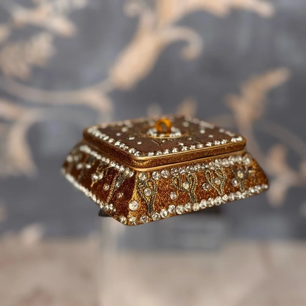 Vintage Gold Jeweled Trinket Box Rhinestone Enamel Square Ormolu Casket
